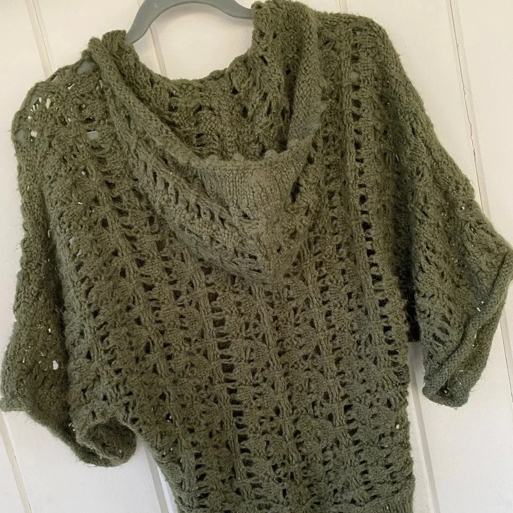 Free People, Hooded Open Knit Short Sleeve‎ Sweater Top, Olive, Army Green